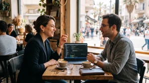 יזמית ומפתח משוחחים בבית קפה על שותפות טכנולוגית בסטארטאפ