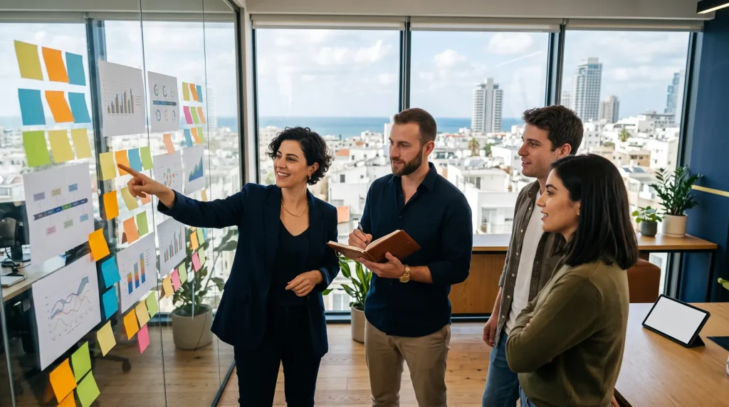 צוות שיווק במשרד בתל אביב מתכנן מפת שירותי שיווק B2B מול קיר פתקים
