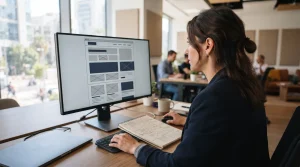 אשת מקצוע בוחנת שרטוט מבנה של אתר B2B על מסך מחשב לצד סקיצה על נייר